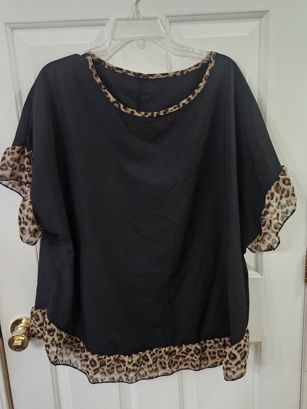 SheIn Womens 2XL Black Chiffon Sheer Leopard Ruffle Blouse Pullover Flutter